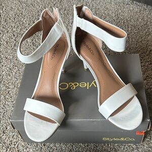 Style & Co. Paycee White Heeled Ankle Strap Shoes